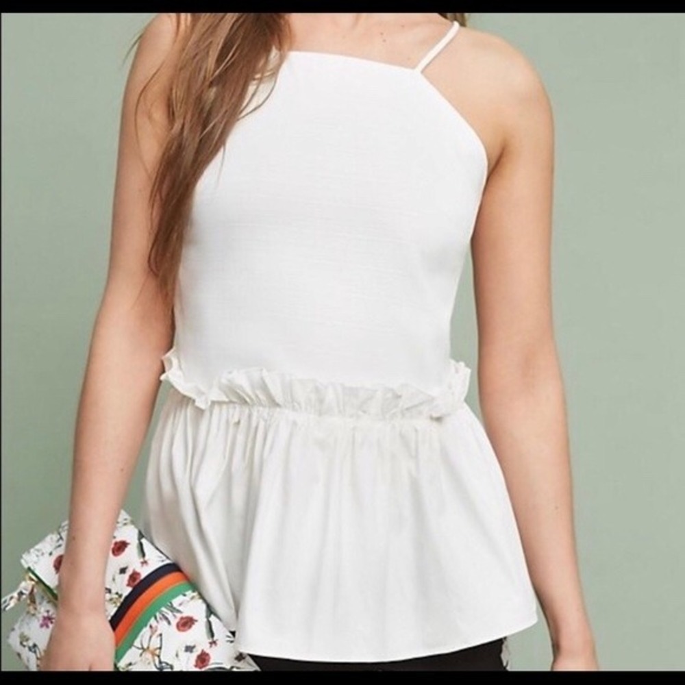 Maeve Anthropologie White Peplum Camisole Top‎ Square Neck Ruffle Hem Small